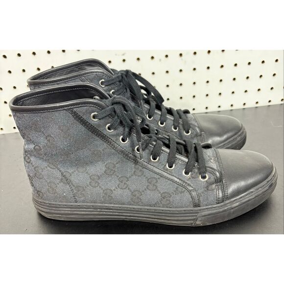 GUCCI MENS GG Canvas Leather High Top Sneakers US 9.5 made in ITALY - Picture 2 of 16